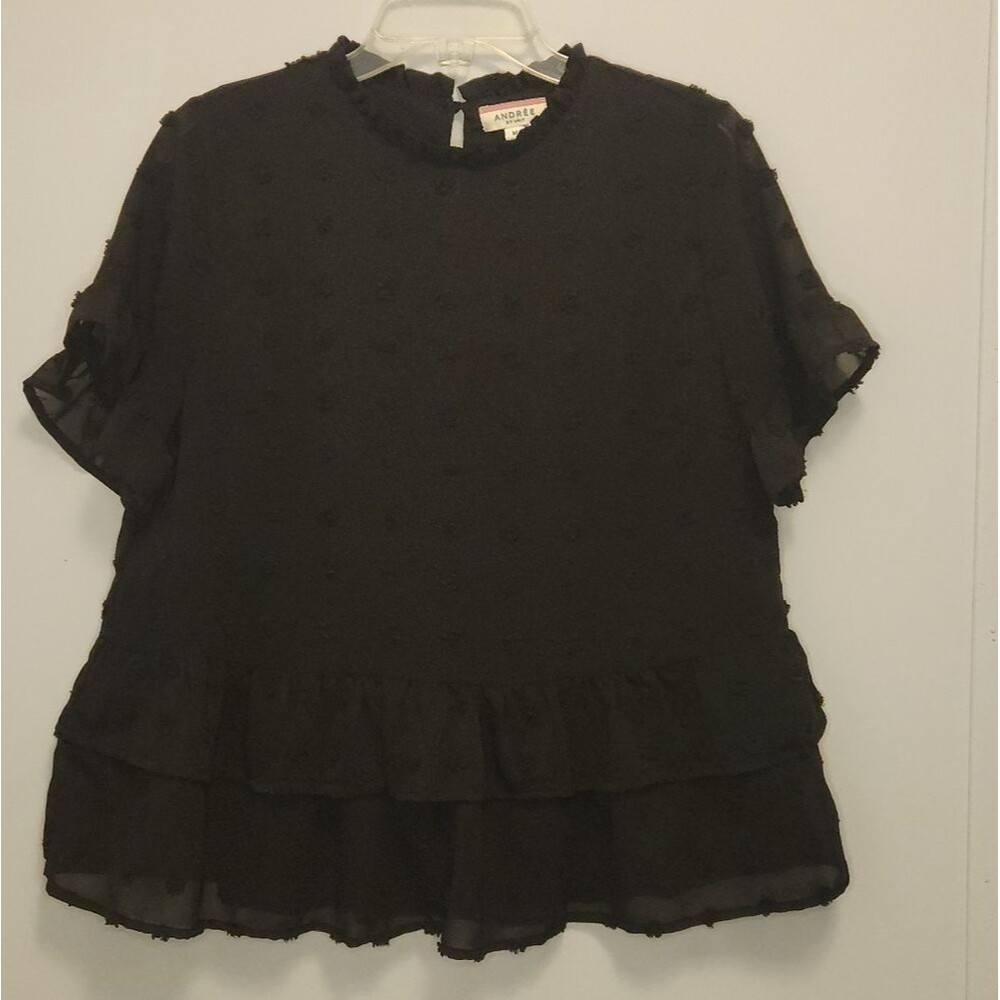 Andree By Unit Black Dot Ruffle Short-Sleeve Top Size Medium